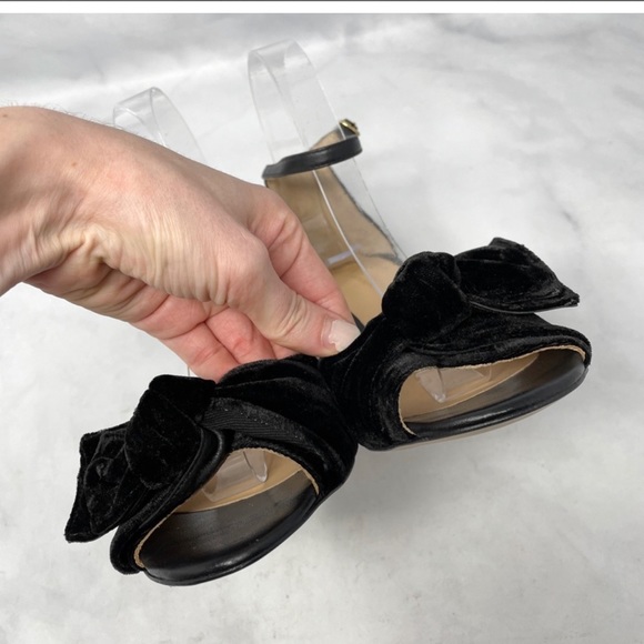 NEW Anthropologie Leather Velvet Knot Bow Ankle Strap Midi Sandal Heels Black - Picture 2 of 5